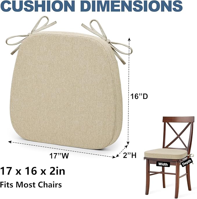 Shinnwa Kitchen Chair Cushions Set of 4, Non-Slip Dining Chair Cushions with Detachable Straps and Machine Washable Cover, 4 Pack, 17x16x2in, Beige