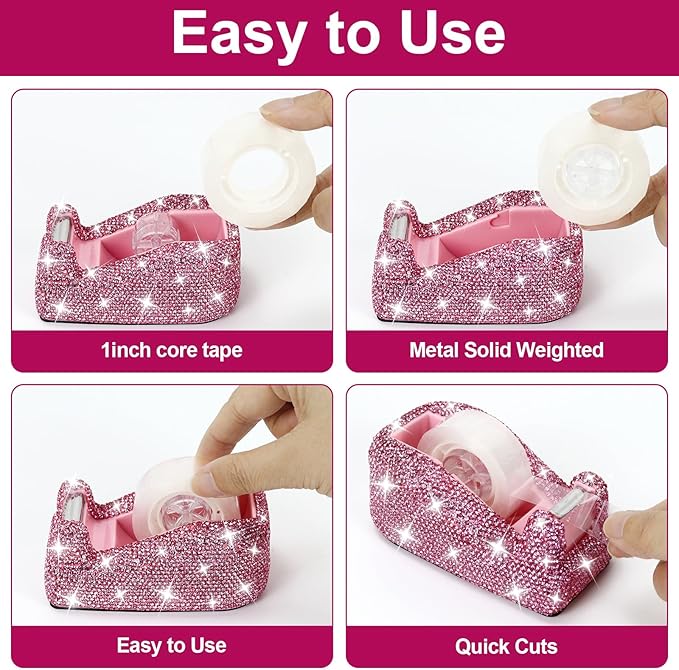 MultiBey 7 Pcs Pink Bling Rhinestone Desk Accessories Set, Crystal Office Stationery Kit with Stapler, Tape Dispenser, Scissors, Drawer Organizer - Glamorous Gift for Home School Office Supplies