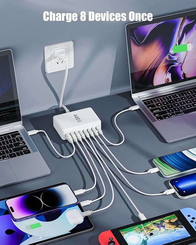 USB C Charger 440W USB C Charger Block,Upgraded GaN IV 8-Port Charging Station Hub,Travel Essentials 100W Fast Charging Laptop Adapter for MacBook Pro/Air,DELL,Steam Deck,iPhone 17/16,Galaxy S25/24