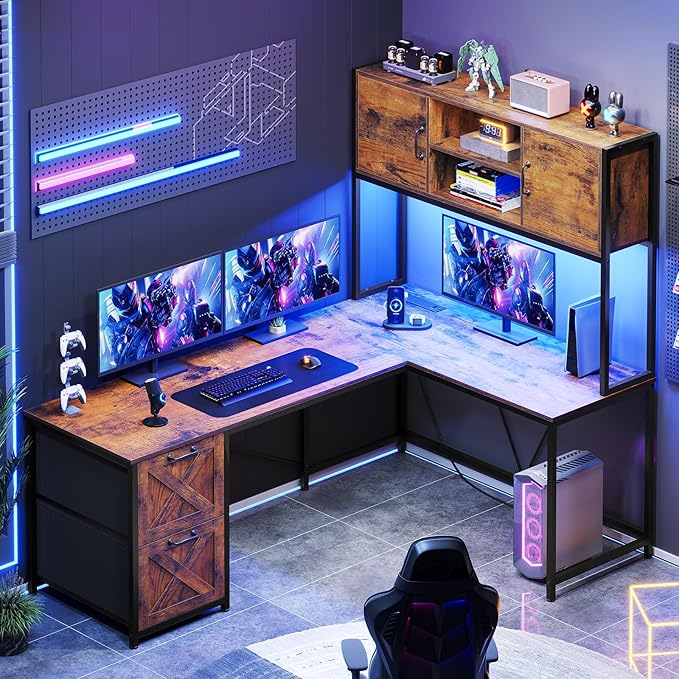 SEDETA L Shaped Desk with Drawers, 62.2" Home Office Desk with Fabric File Drawers and Power Outlet, L Shaped Desk with Hutch, Storage Shelves, LED Lights, Rustic Brown