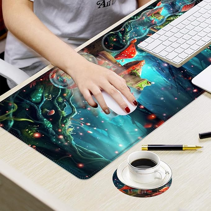 Ergonomic Mouse Pad Set with Wrist Support for Keyboard and Wrist Rest for Mouse, Memory Foam Comfort, Non-Slip Large Desk Mat for Home Office Pain Relief,Aesthetic Mushroom and Frog