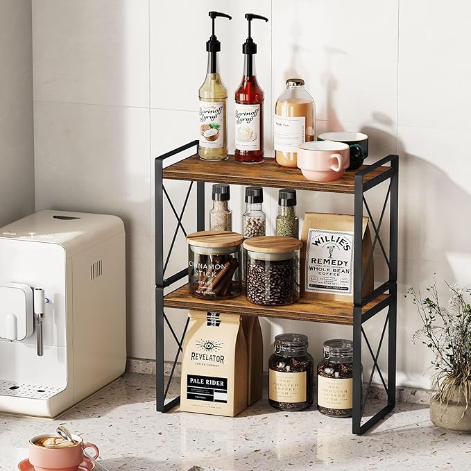 Giikin Kitchen Countertop Organizer, Set of 2 Kitchen Counter Shelf, Spice Rack Riser Shelf for Cabinet Desk Counter (7.8" D x 15.7" W x 18.8" H, Rustic Brown)