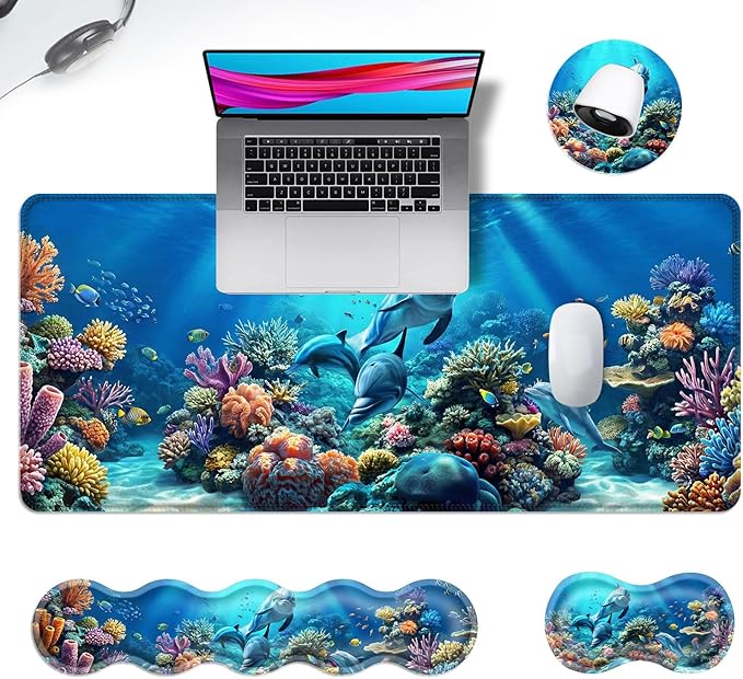 Ergonomic Mouse Pad Set with Wrist Support for Keyboard and Wrist Rest for Mouse, Memory Foam Comfort, Non-Slip Large Desk Mat for Home Office Pain Relief,Dolphin Blue Sea Floor