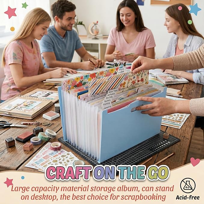 12x12 Scrapbook Paper Storage Organizer with 13 Expandable Pocket, Large Scrapbook Paper Storage for Craft Room Sticker Storage and Organization, Desktop Paper Holder (3 Pcs, Blue+Cream+Pink)