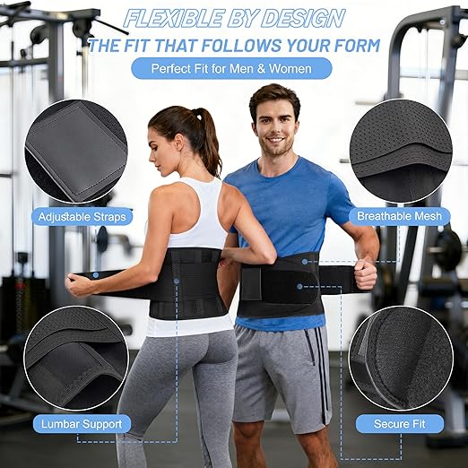 Back Brace for Men Lower Back Pain - Sciatica, Scoliosis, Herniated Disc Relief - Workout Back Brace for Women - 4X Powerful Lumbar Support With Dual Adjustable Support Straps Black-L