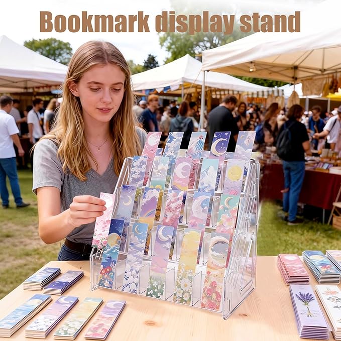 Acrylic Bookmark Display Stand with Divided Pockets, Portable Sticker Holder Tiered Display Stand, Clear Desk Organizer for Home, Retail or Craft Fair Use(20 Pockets, 4 Tier)