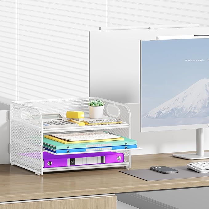 Cawukege 3 Tier Paper Organizer with Handle, Metal Desk Organizer Mesh Paper Letter Tray Desktop File Folder Document Sorter for Classroom, School, Office Accessories Storage (1, White)