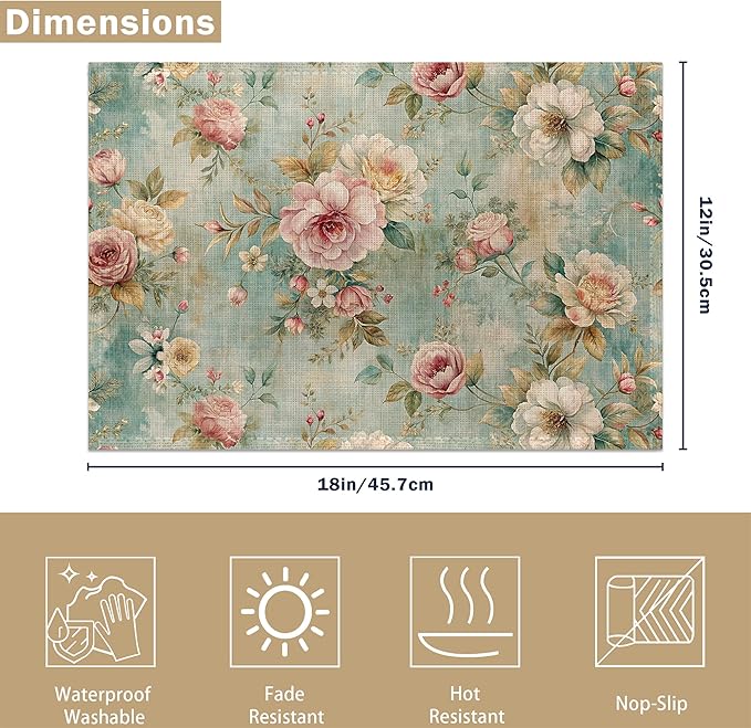 Linen Placemats Set of 6, Pink Flowers Leaves Washable Table Mats 12x18 Inch, Heat Resistant Non Slip Placemats for Dining Table Kitchen Everyday Use