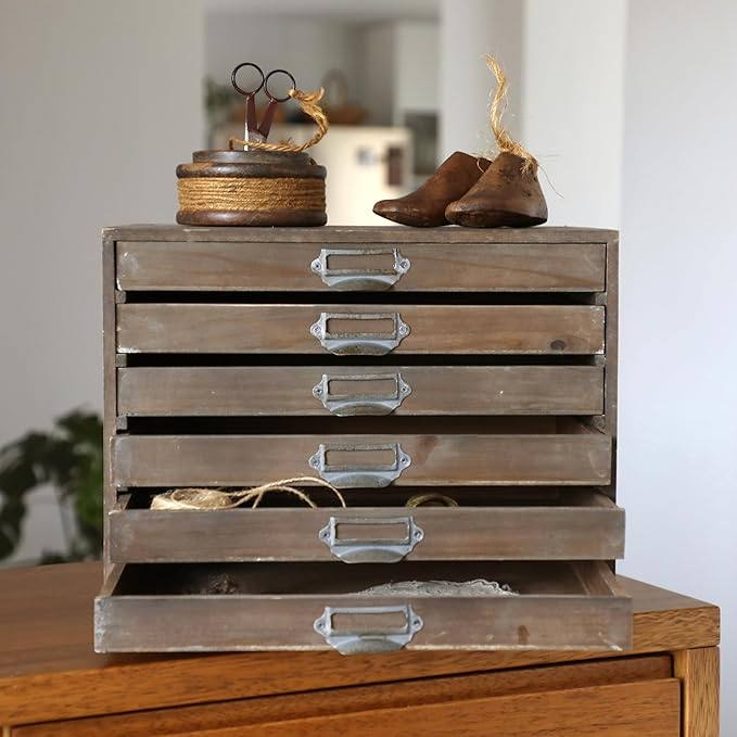Vintage Wooden Desk Organizer Cabinet with 6 Drawers - Rustic Farmhouse Distressed Decor - Home Office Desktop Storage Box for Jewelry, Craft Paper, Small Tool & More (Log Color)