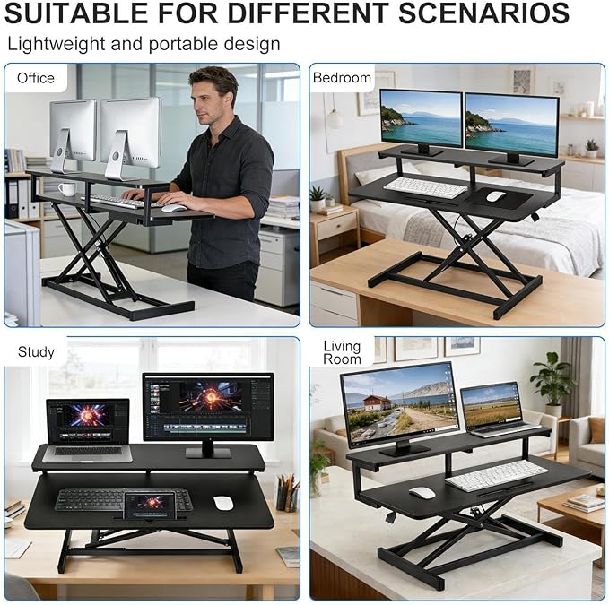 Ergonomic Desk Riser for Standing Height Adjustable Standing Desk Converter 10.2-24.8" 33 Lbs Capacity U-Shapeds Top & Keyboard Tray for Home Office Black