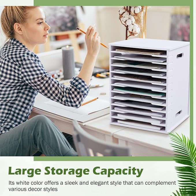 Juexica 12 Tier 8.5" x 11" Scrapbook Paper Organizer, White Cardstock File Organizer with Adjustable Shelves, Stackable Paper Trays, Desktop Storage Rack Document Holder for Desk Home Office