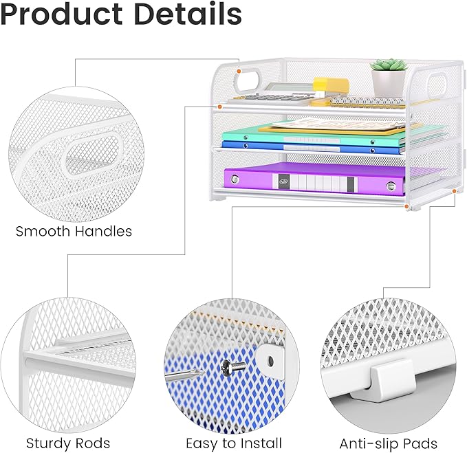 Cawukege 2 Pack 3 Tier Paper Organizer with Handle, Metal Desk Organizer Mesh Paper Letter Tray Desktop File Folder Document Sorter for Classroom, School, Office Accessories Storage (2, White)