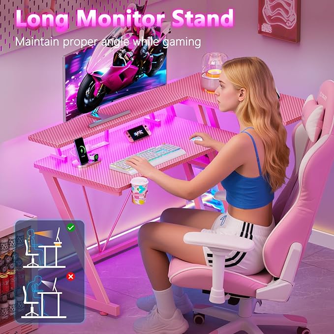 Korfile 40 Inch Pink Gaming Desk with Power Outlet & LED Lights, Corner Computer Desk with 3 Tiers Storage Shelves, L Shaped Gaming Desk with Monitor Stand for Bedroom