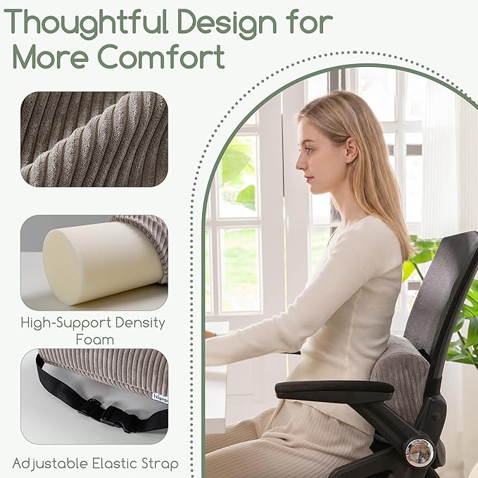 HIGOGOGO Lumbar Roll Lumbar Support Pillow for Office Chairs, Cars, and Gaming Chairs, Back Cushion with Washable Cover & Adjustable Strap to Relieve Back Pain and Improve Posture, 11"x6"x5", Grey