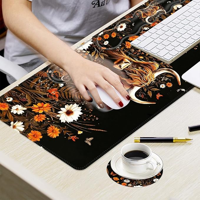 Ergonomic Mouse Pad Set with Wrist Support for Keyboard and Wrist Rest for Mouse, Memory Foam Comfort, Non-Slip Large Desk Mat for Home Office Pain Relief,Cow Daisy Butterfly
