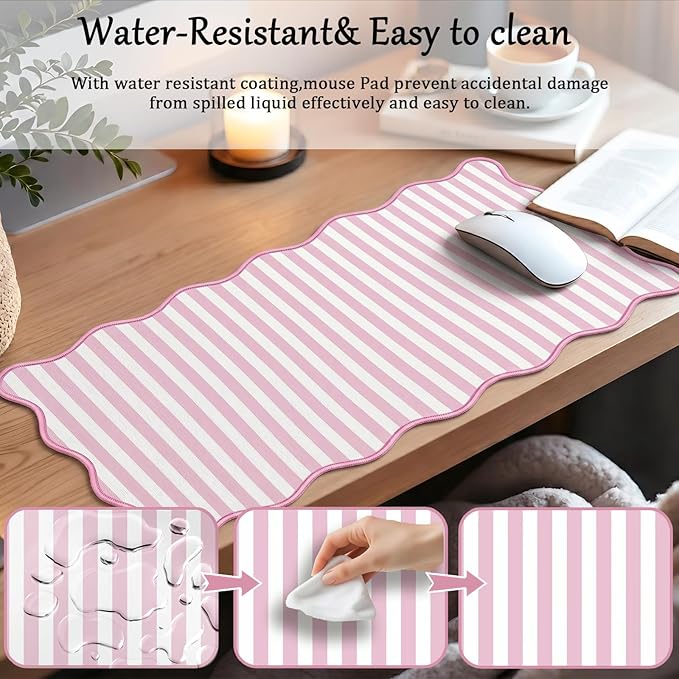 Scalloped Desk Mat Extended Large Cute Striped Mouse Pad Big Desk Pad XXL Aesthetic Stripe Mousepad Gaming Mouse Pad for Keyboard Computer Laptop Home Office Accessories 35.4X15.7Inches Pink White