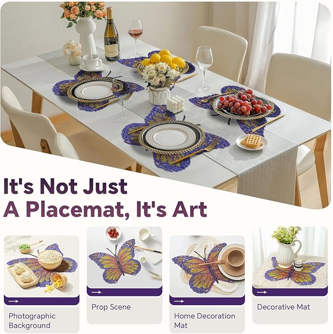 Butterfly Placemats Set of 4, Colorful Rhinestones Bling Butterfly Home Kitchen Table Decoration Place Mat,Gifts for Friends Women Mom (Purple,4PCS)