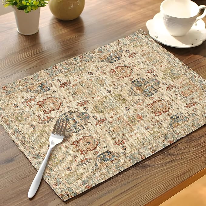 Boho Floral Beige Placemats Set of 4,Vintage Elegant Farmhouse Table Center Linen Decor,12x18 Inch Country Rustic Farmhouse Magical Fall Table Mats for Party Kitchen Dining Decoration