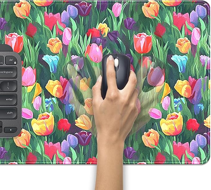 Colorful Tulip Flower Large Mouse Pad Desk Pad, 27.5x11.8in Vibrant Floral Garden Extended Desk Mat with Stitched Edges, Non-Slip Waterproof Rubber Base for Office, Computer & Laptop
