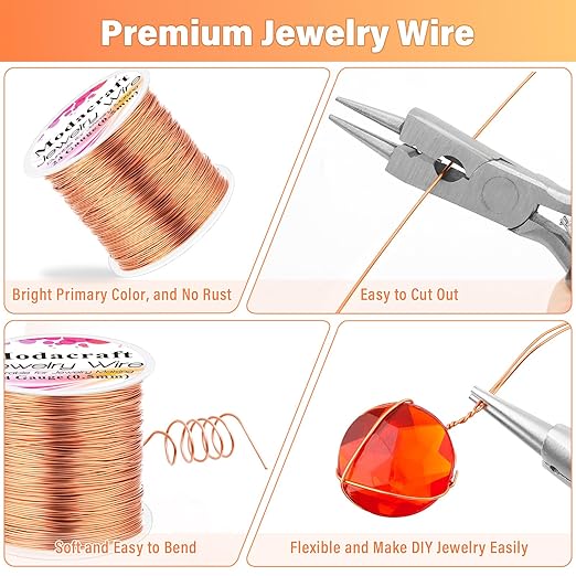 Modacraft 24 Gauge Copper Wire for Jewelry Making - 214FT/0.5mm Tarnish-Resistant Craft Wire with Multi-Functional Pliers - Perfect for DIY Jewelry, Wire Wrapping, Gardening, and Artistic Projects