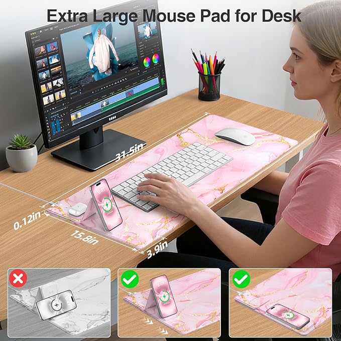 Wireless Charging Mouse Pad with Foldable Phone Holder, 31.5"x15.8" Large Desk Mat for Laptop/Keyboard, Waterproof Ultra-Smooth Surface, Non-Slip Base, Pink Marble