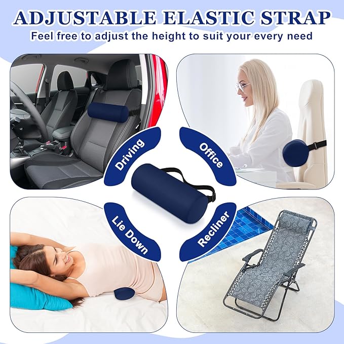 Wenqik 2 Pcs Lumbar Roll Support Pillow Low Back Lumbar Support Office Seat Cushion with Adjustable Strap and Washable Cover for Travel Gaming Chair Car Seat Pain Relief(Blue)
