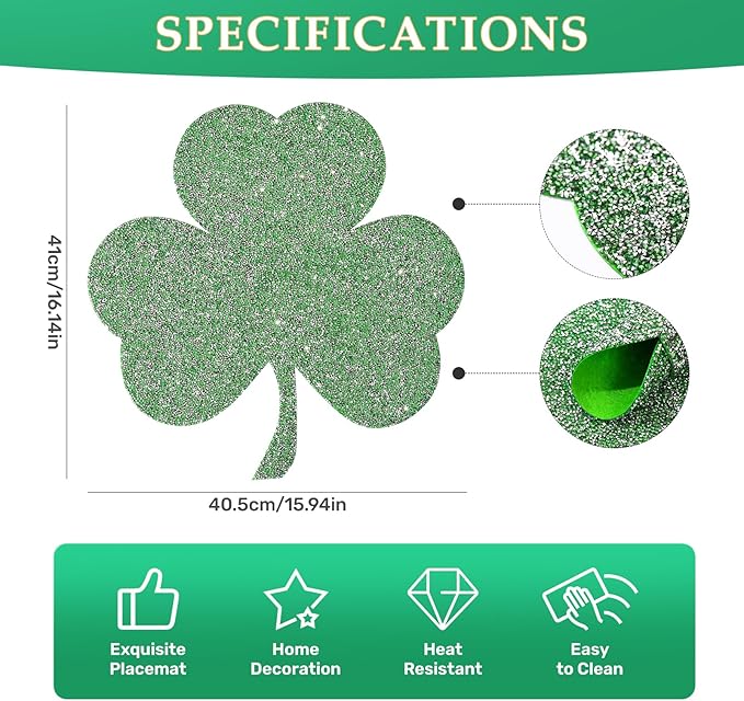 Green Placemat, Sparkle Glitter Rhinestones Table Mat Crushed Diamond Shamrock Table Placemat 16inch for St. Patrick's Day Home Kitchen Dinning Decorations