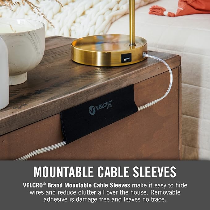 VELCRO Brand Mountable Cable Sleeve | 3-Ft Customizable Cable Raceway with Removable Adhesive | Cut to Length for Custom Size Wire Management | Cord Hider Mounts on Walls, Desk | Black, VEL-30799-USA