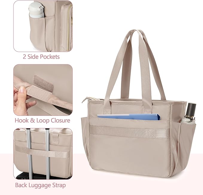 Teacher Tote Bag with Accordion File Organizer Pocket, Large Teacher Work Utility Bag for Women, Light Tan (Patent Design)