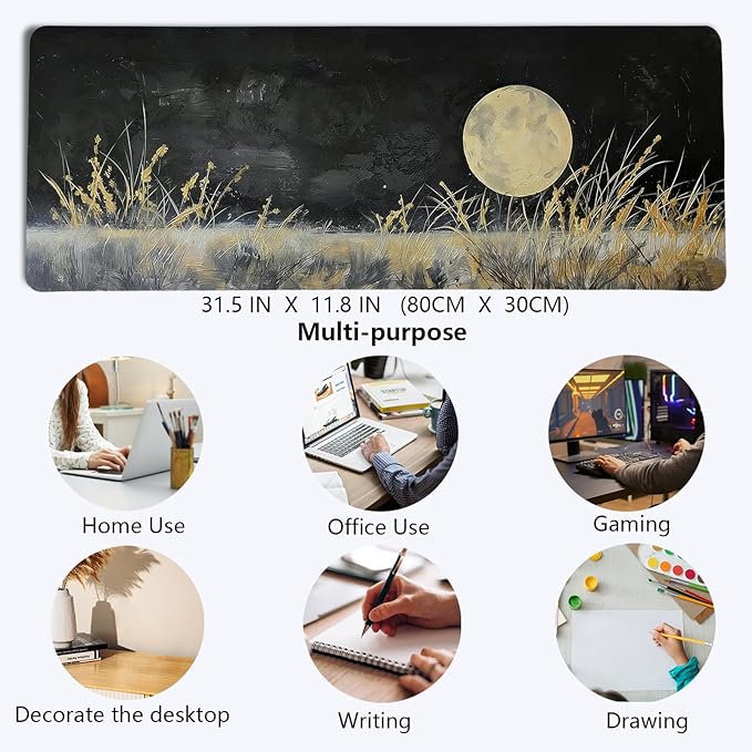 Vintage Gold and Black Full Moon Wilderness Mouse Pad,Aesthetic Dark Night Nature Scenery Desk Mat,Rustic Cottagecore Grassland Mousepad for Home Office Dorm Desktop Decor,31.5x11.8 Inch