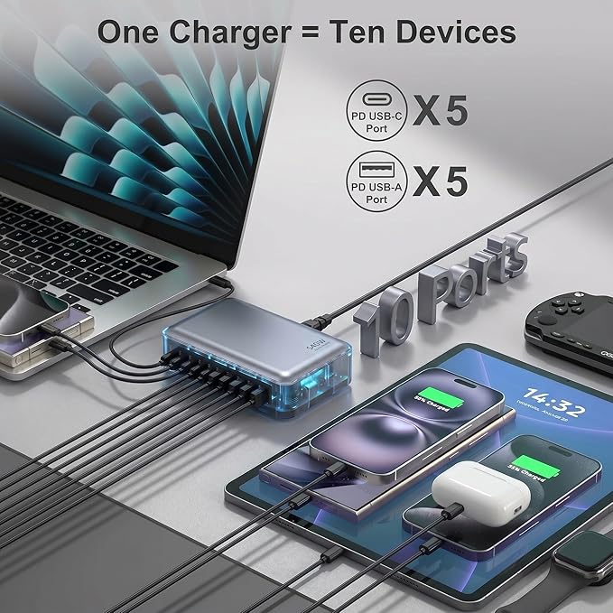 540W USB C Charger Block, 10 Port Charging Station USB Charger Block Double 100W Gan Laptop Fast Charging Compatible with MacBook Air/Pro, iPhone, iPad, Dell XPS, Samsung Galaxy Note