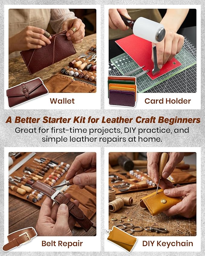 SAKERNEO Leather Working Tools kit Max Version with Custom Handbag Cutting Mats Engraving Punching Sewing Stamping Sanding Tools for Handicraft Work,Repair