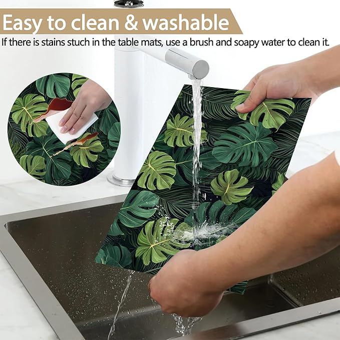 Linen Placemats Set of 6, Tropical Leaves Washable Table Mats 12x18 Inch, Heat Resistant Non Slip Placemats for Dining Table Kitchen Everyday Use
