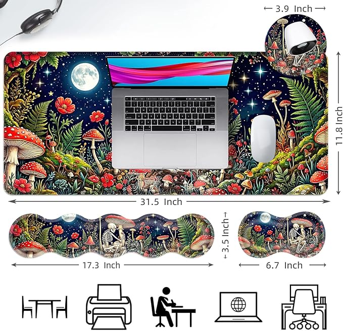 Ergonomic Mouse Pad Set with Wrist Support for Keyboard and Wrist Rest for Mouse, Memory Foam Comfort, Non-Slip Large Desk Mat for Home Office Pain Relief,Mushroom Skull Men Moon