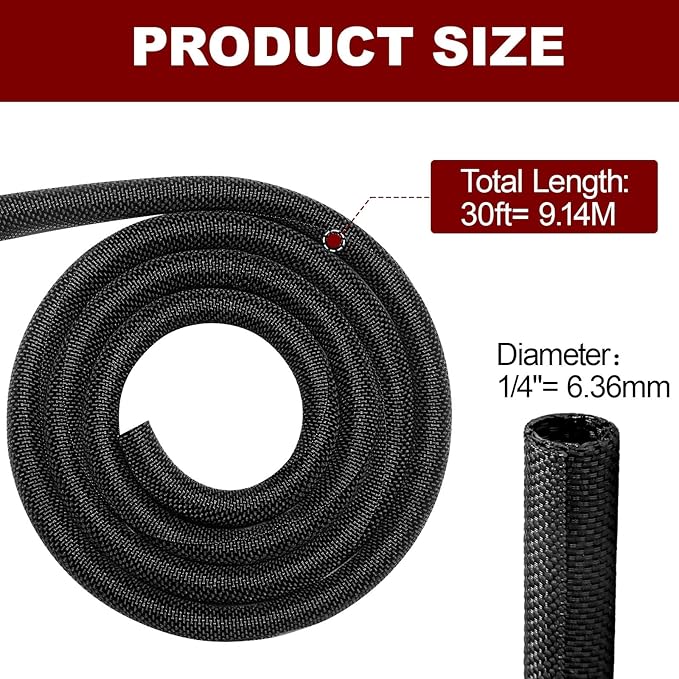 Automotive Wire Loom High Temperature Braided Wire Loom, Split-Sleeve Heat Resistant Wiring Loom Cord Cover for Harness Wires, Self-Wrapping Heavy Duty Sheathing Cable Management (1/4"-30Feet)