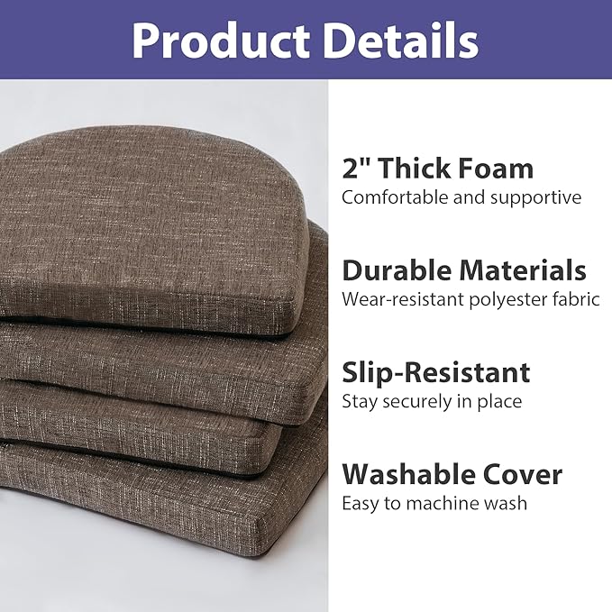 IPYNBAP Chair Cushions for Dining Chairs, Kitchen Chair Cushions, 16'' x 16'' x 2'', Non Slip Indoor Seat Cushions, Chair Pads for Dining Chairs with Ties & Removable Cover, Set of 2, Brown