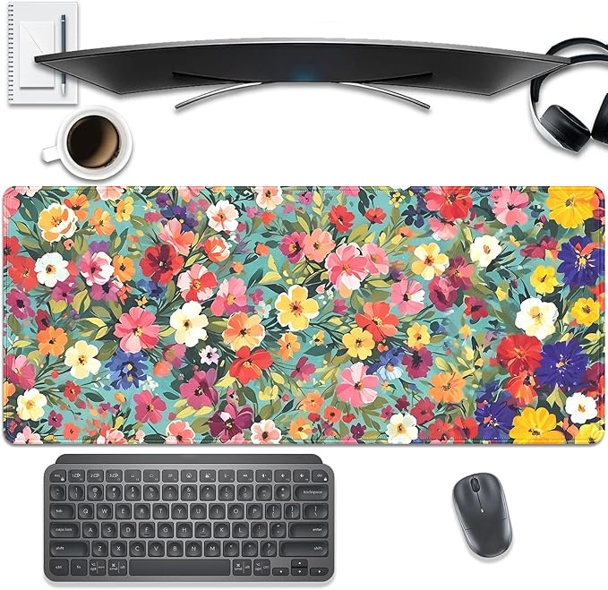 Colorful Watercolor Floral Large Mouse Pad Desk Mat, 27.5x11.8in Vibrant Spring Flower Extended Keyboard Mousepad with Stitched Edges, Non-Slip Waterproof Rubber Base for Office, Computer & Laptop