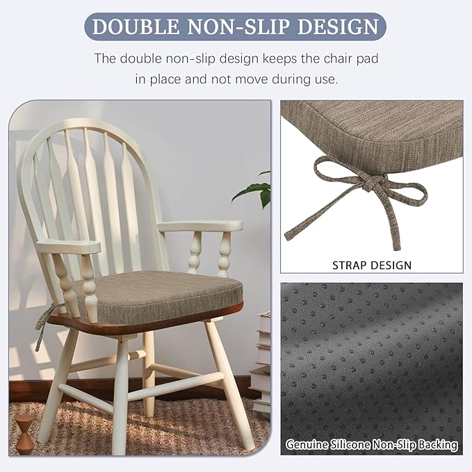baibu Kitchen Chair Cushions Set of 2, Dual-Layer Patented Design Memory Foam Dining Chair Pads with Ties and Washable Cover, 2 Pack, 17" x 16" x 2", Light Brown