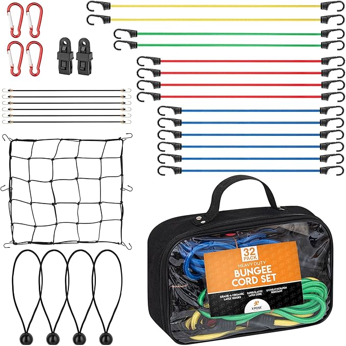 Heavy Duty 32pc Bungee Cord Set with Hooks, Canopy Ties, Luggage Net & Organizer Bag - Assorted Sizes (18", 24", 32", 40") for Outdoor, Bike Racks, Motorcycles