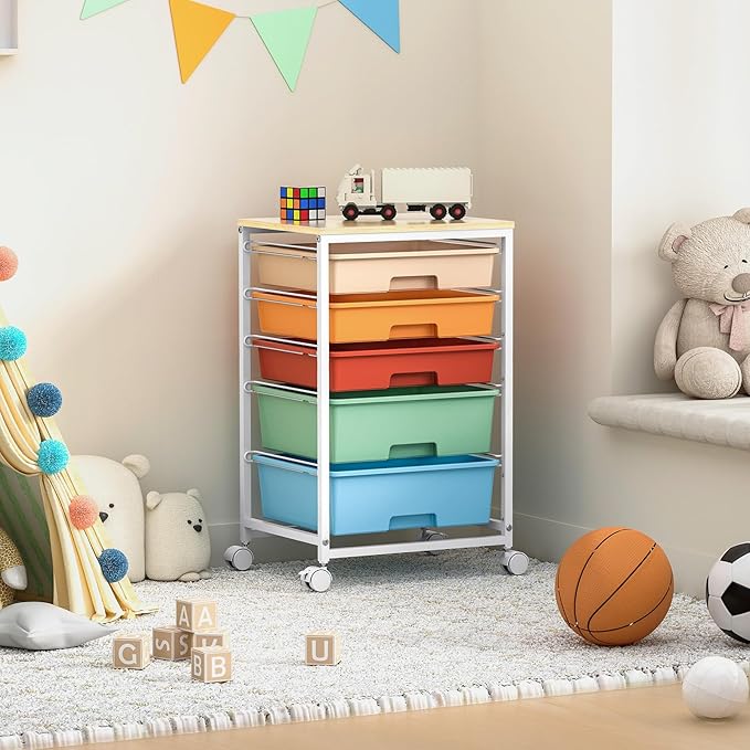 SYKIARIOL Utility Cart with 5 Drawers,Storage Cart with Wooden Tabletop and Lockable Wheels,Craft Storage Trolley Organizer,5-Tier Rolling Utility on Wheels,Macaron