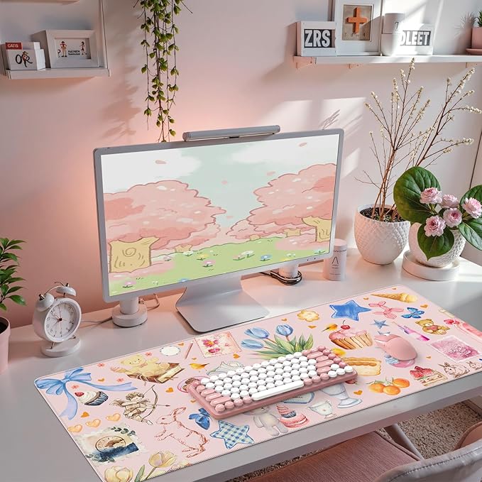 iCasso Pink Desk Mat, Cute Aesthetic Large Mouse Pad, Waterproof Keyboard Pad, Non-Slip Desk Protector with Stitched Edges for Women Home Office, Gaming, Dorm