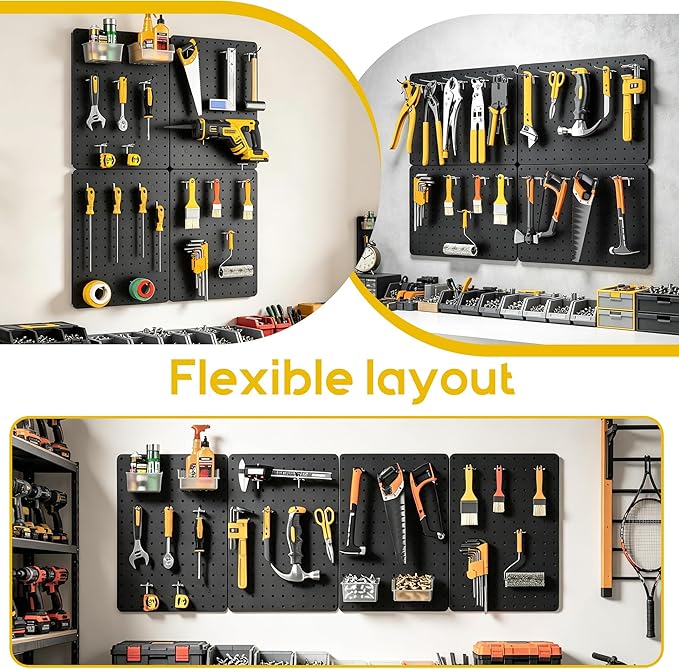 Peg Board for Tools, 4 Pack Metal Pegboard Wall Organizer with Hooks, 14.76"×10.82" Black Pegboard Panels for Walls Home, Garage Tool Storage, Kitchen, Office Organization, Craft Room