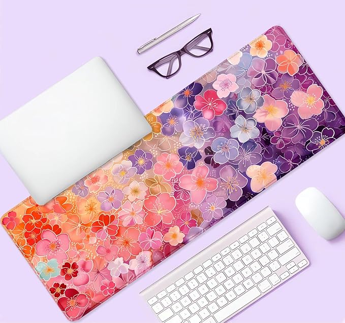 Colorful Flower Large Mouse Pad for Laptop, Pink Purple Red and Gold Pattern Desk Mats for Desktop, Watercolor Beautiful Floral Computer Desk Pad, Non-Slip Rubber Base Desktop Mat, 31.5 x 11.8 inches