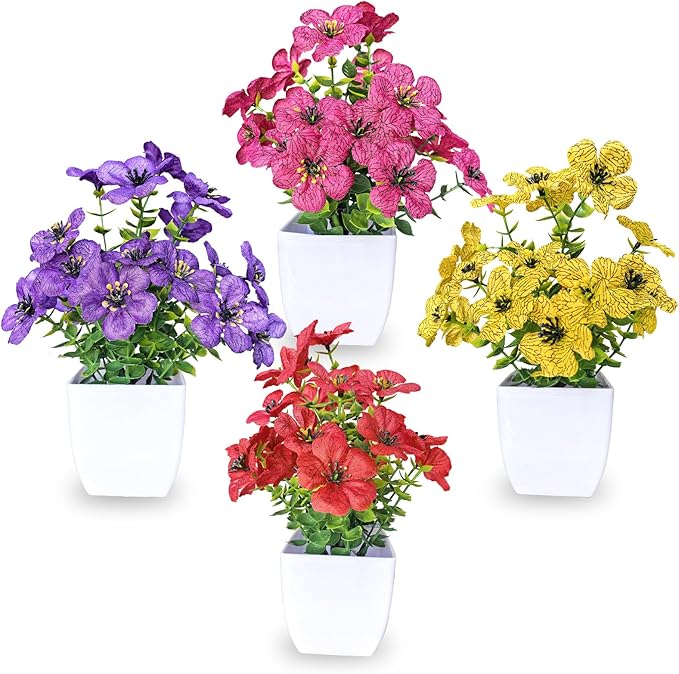 Fake Potted Flowers, Small Artificial Plants Indoor, Spring Decorations for Home, Mini Fake Flowers with Pot for Office Desk, Bathroom & Room Decor