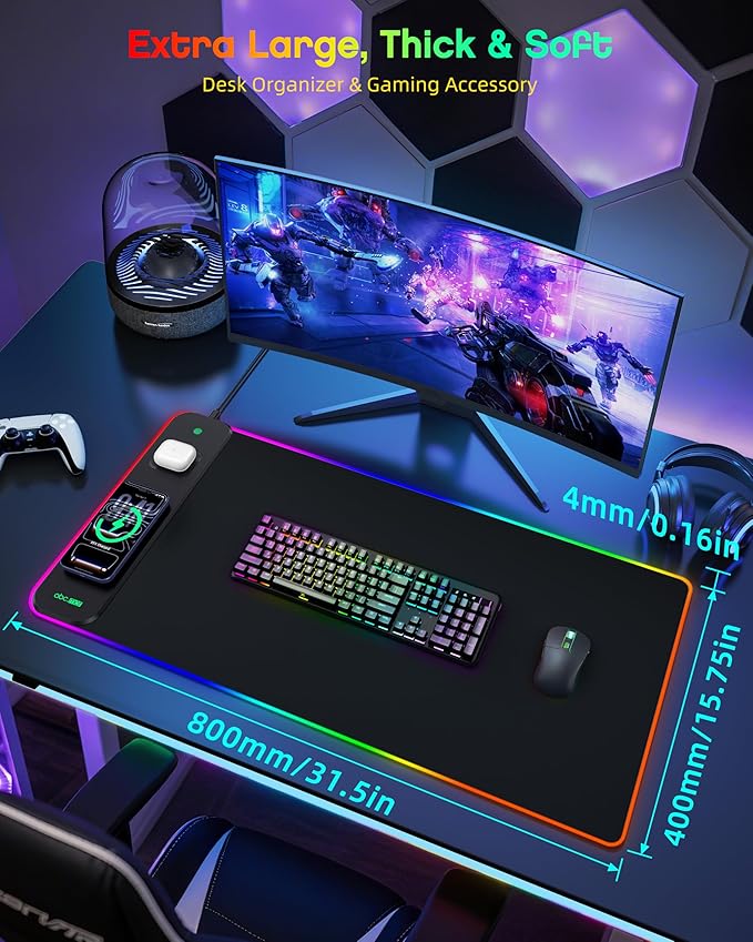 3-in-1 RGB Gaming Mouse Pad with Wireless Charging for Phone/AirPods, 31.5"x15.8" Large, 24 Light Effects, Non-Slip Base, Waterproof Ultra-Smooth Surface, with Adapter