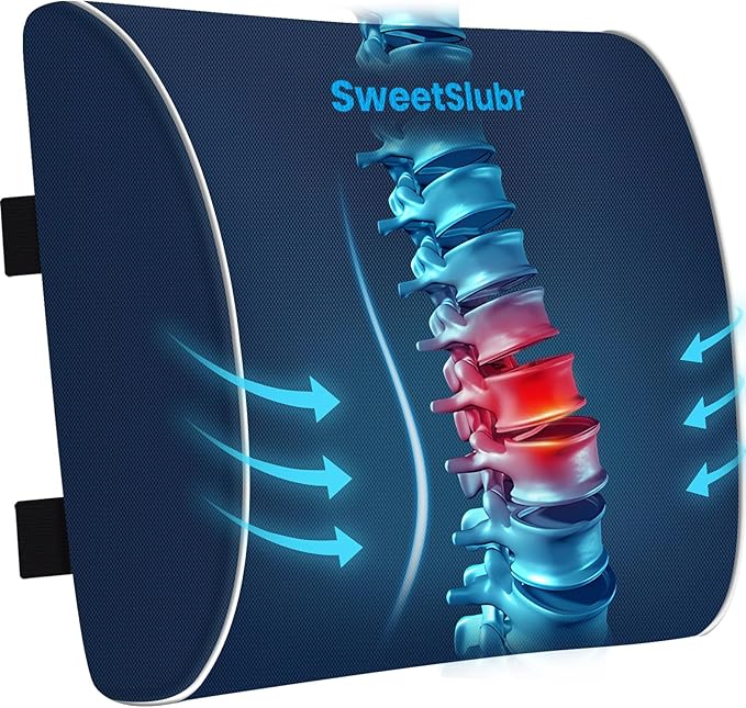 SweetSlubr Large Lumbar Support Pillow for Office Chair, Car Seats and Home Desks, Ergonomic Back Support with Double Adjustable Straps, Machine Washable Cover, Gray