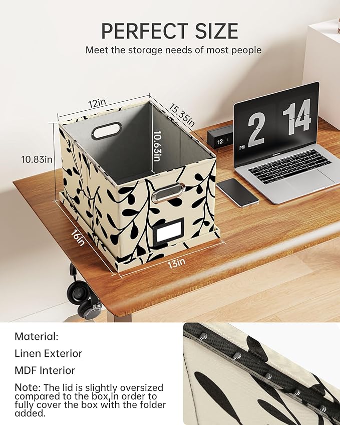 Oterri 2 Pack File Storage Organizer, Document Organizer, Portable File Box with Lid, Fit for Letter/Legal File Folder Storage,Leaf Black/Cream-Box only