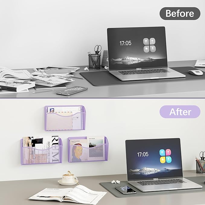 EasyPAG Wall File Organizer, Metal Mesh Hanging File Folder Holder for Letter/A4 Size Folders, Vertical Wall Mount Mail Sorter for Office Paperwork, Classroom, Purple