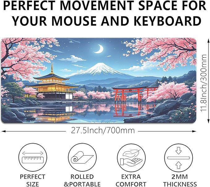 Cherry Blossom Large Mouse Pad Desk Pad, 27.5x11.8in Mount Fuji Keyboard Mouse Mat with Stitched Edges, Waterproof Non-Slip Rubber Base for Office Laptop Computer Home