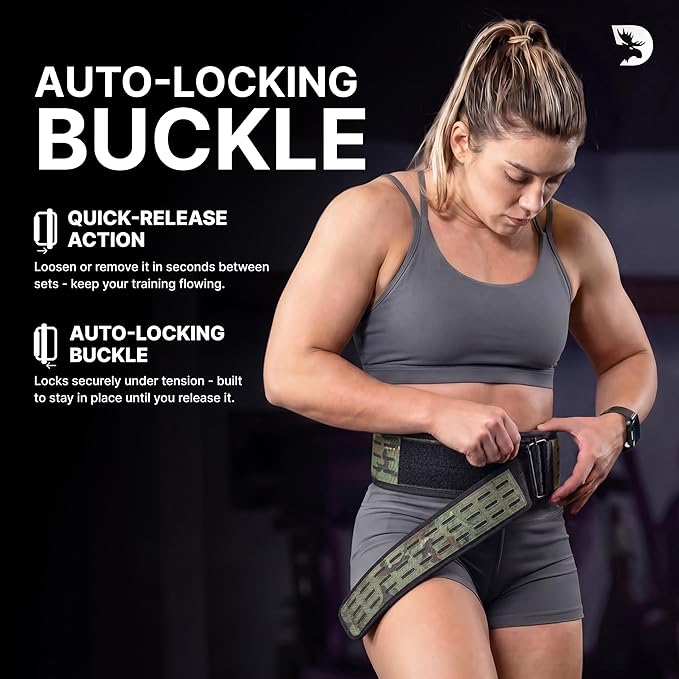 DMoose Weight Lifting Belt - Auto Locking Gym Belt for Olympic Training, WOD, Cross Training for Men and Women - 4" Nylon Workout belt with Adjustable Buckle - Provides Lumbar Support and Stability